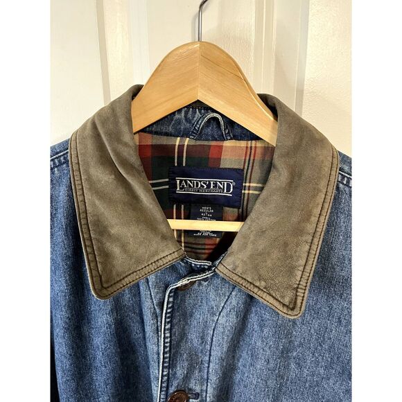 Vintage Land's End Denim Chore Jacket Plaid Lined with Leather Collar Size Large - Picture 4 of 9